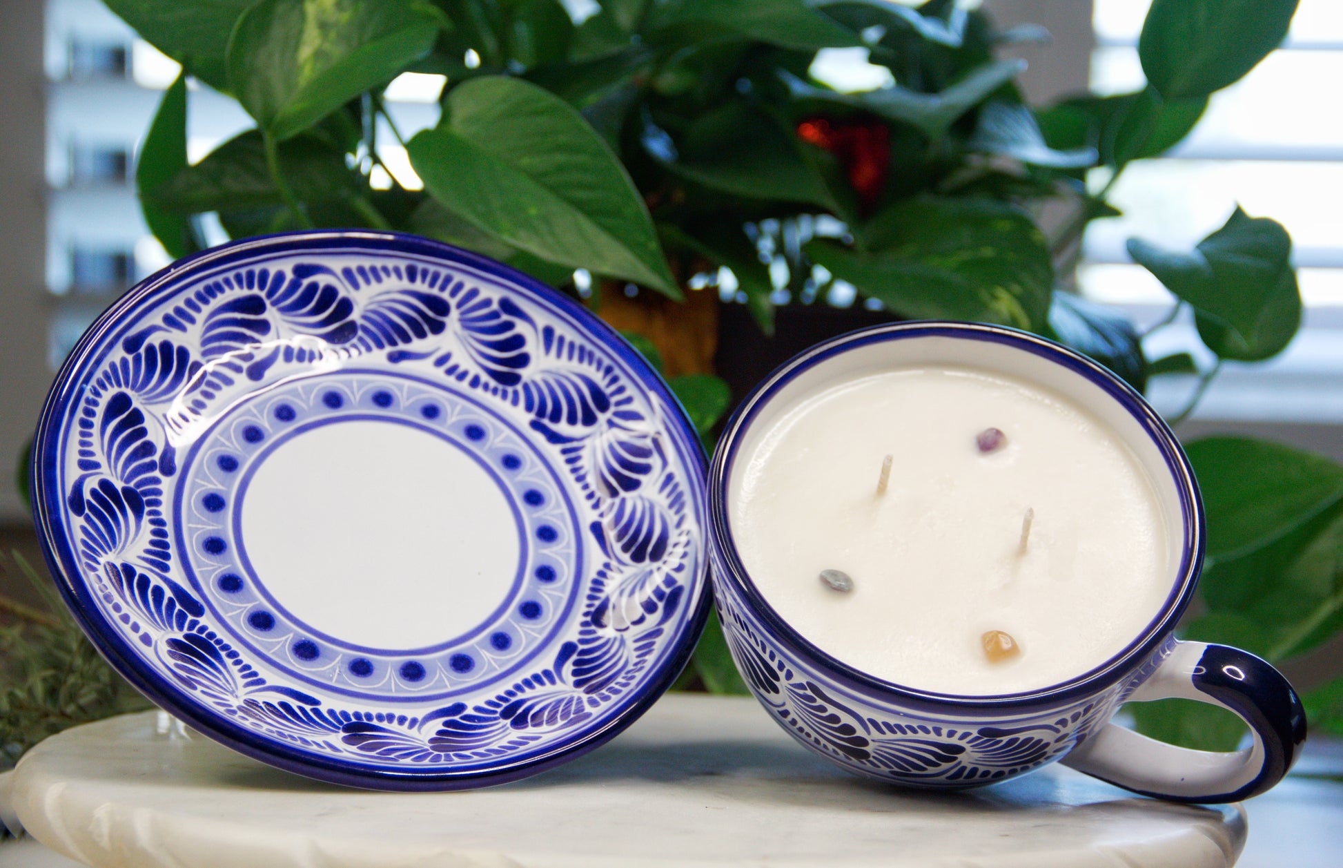 Artisanal soy candle in a beautiful blue and white hand designed talavera cup and plate. Handcrafted by Artisan in Puebla, Mexico. 100% All Natural Soy Candle. Reuse the talavera as home decor or storage.