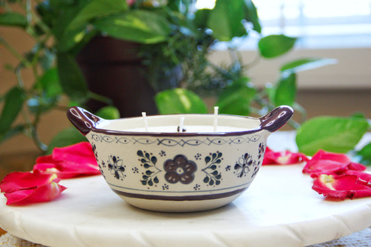 Artisanal candle in a beautiful salsa talavera bowl. Handmade indigo floral design. Handcrafted by Artisan in Mexico City. 100% All Natural Soy Candle. Reuse the talavera as home decor or storage.